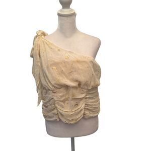 Torrid sz0/12/L gold & cream star print one shoulder lined gathered crop top EUC